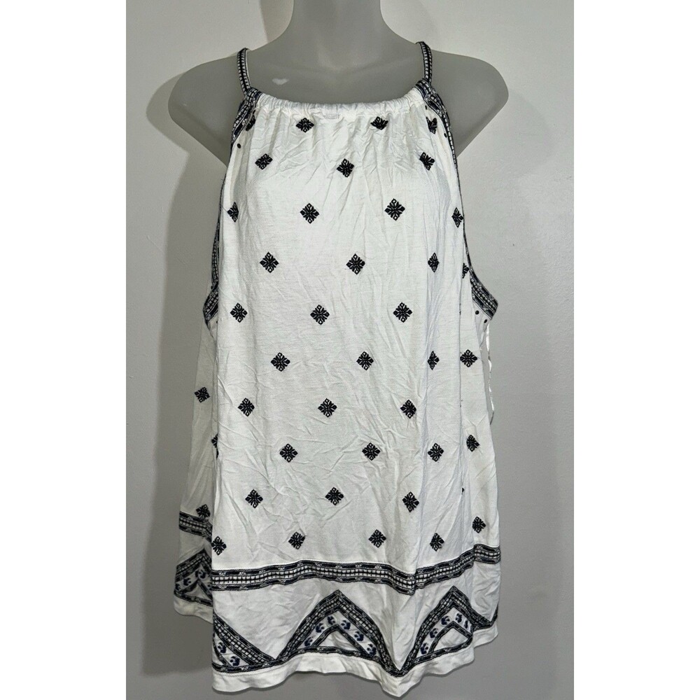 Anthropologie Embroidered Halter Tank Top Ivory Blue Geometric Tribal Blouse S